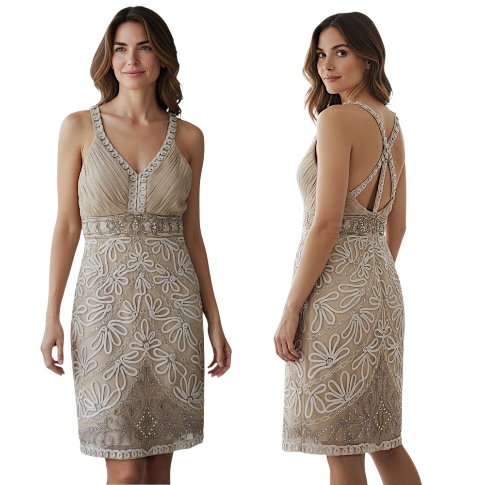 Vtg Sue Wong Nocturne Sheath Dress sz 2 Bead Embellished Formal Bridal Champaign